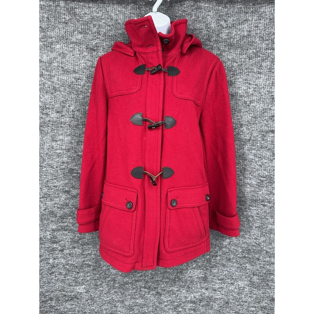 Eddie Bauer Coat Womens Large Red Wool Toggle Duffle Hooded Full Zip Pockets